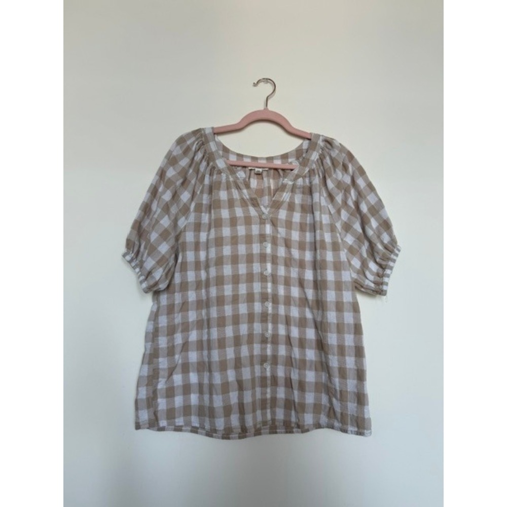 BeachLunchLounge Beige & White Gingham Button Down Top | Cotton Blouse | Size L